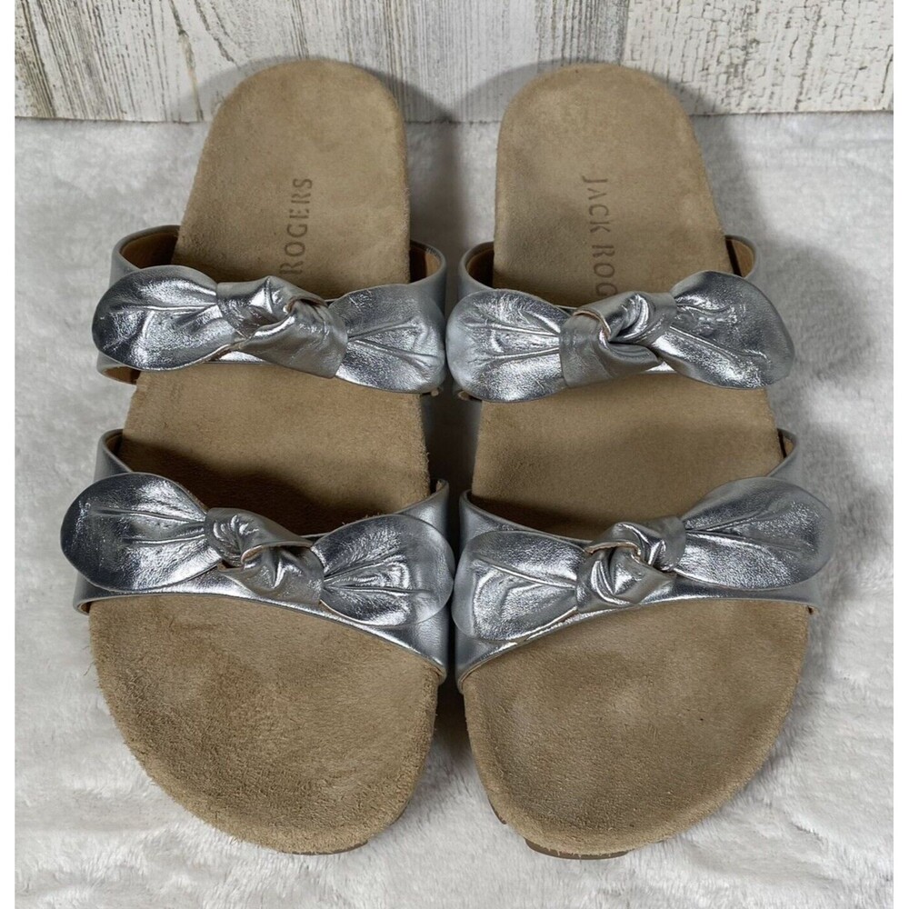 Jack Rogers Women’s 8.5 Leather Slide Sandals Silver Comfort Maximalist Beachy